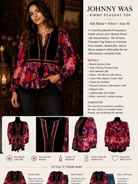 Johnny Was Kimmy Peasant Top Womens M Silk Blend Velvet Floral Boho Romantic